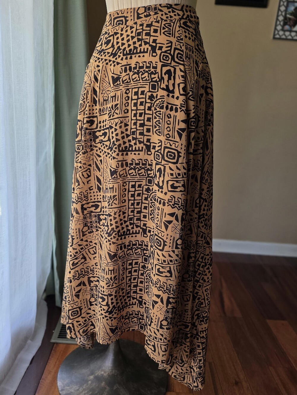 Maxi Skirt Geometric‎ Abstract XS Burnt Sienna Black Flowy Full Length Love 21